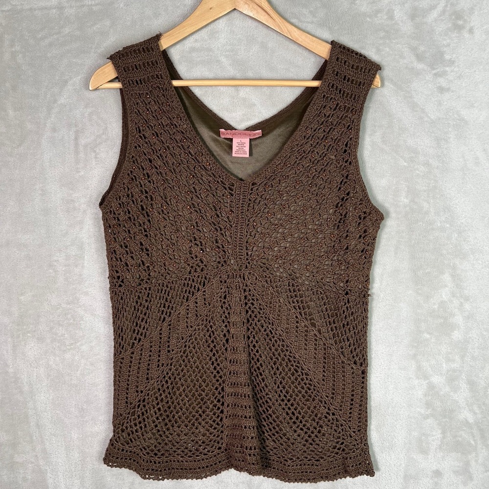 Vintage Y2K Bandolino Women Crochet Beaded Tankโ Top Large Brown Boho Coastal
